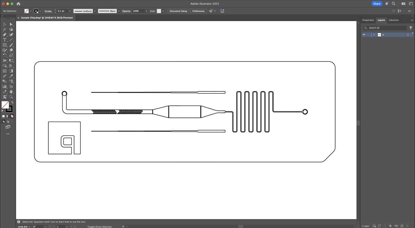 A 2D microfluidic device in Adobe Illustrator. The features of the device are outlined in black.