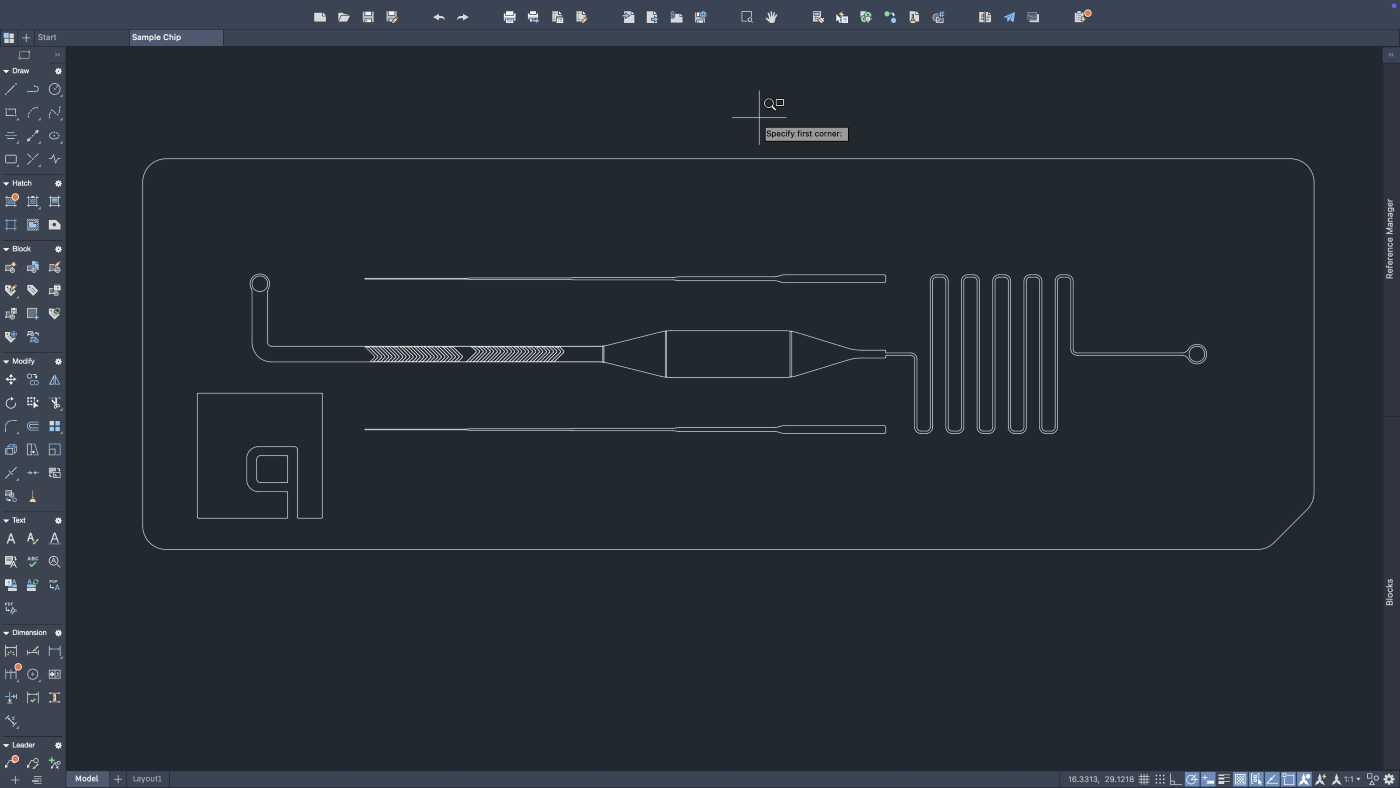 A 2D microfluidic device in AutoCAD. The features of the device are outlined in white.