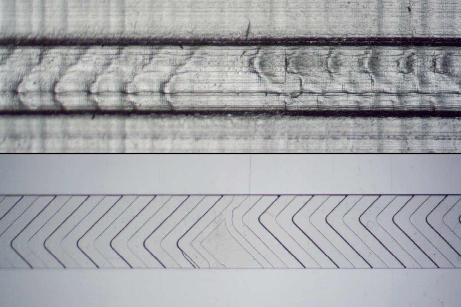 Close-up of a 3D printed microfluidic herringbone mixer next to a Transition Molded one. The 3D printed structure is very vague, with clearly visible layers, while the Transition Molded structure is clearly defined, with sharp edges.