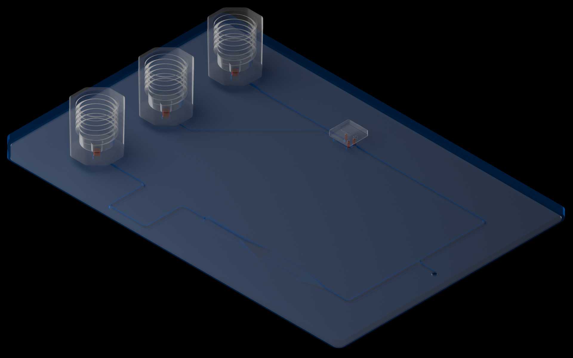 Isometric view of reference device with machined microfeatures in the fluidic layer highlighted.