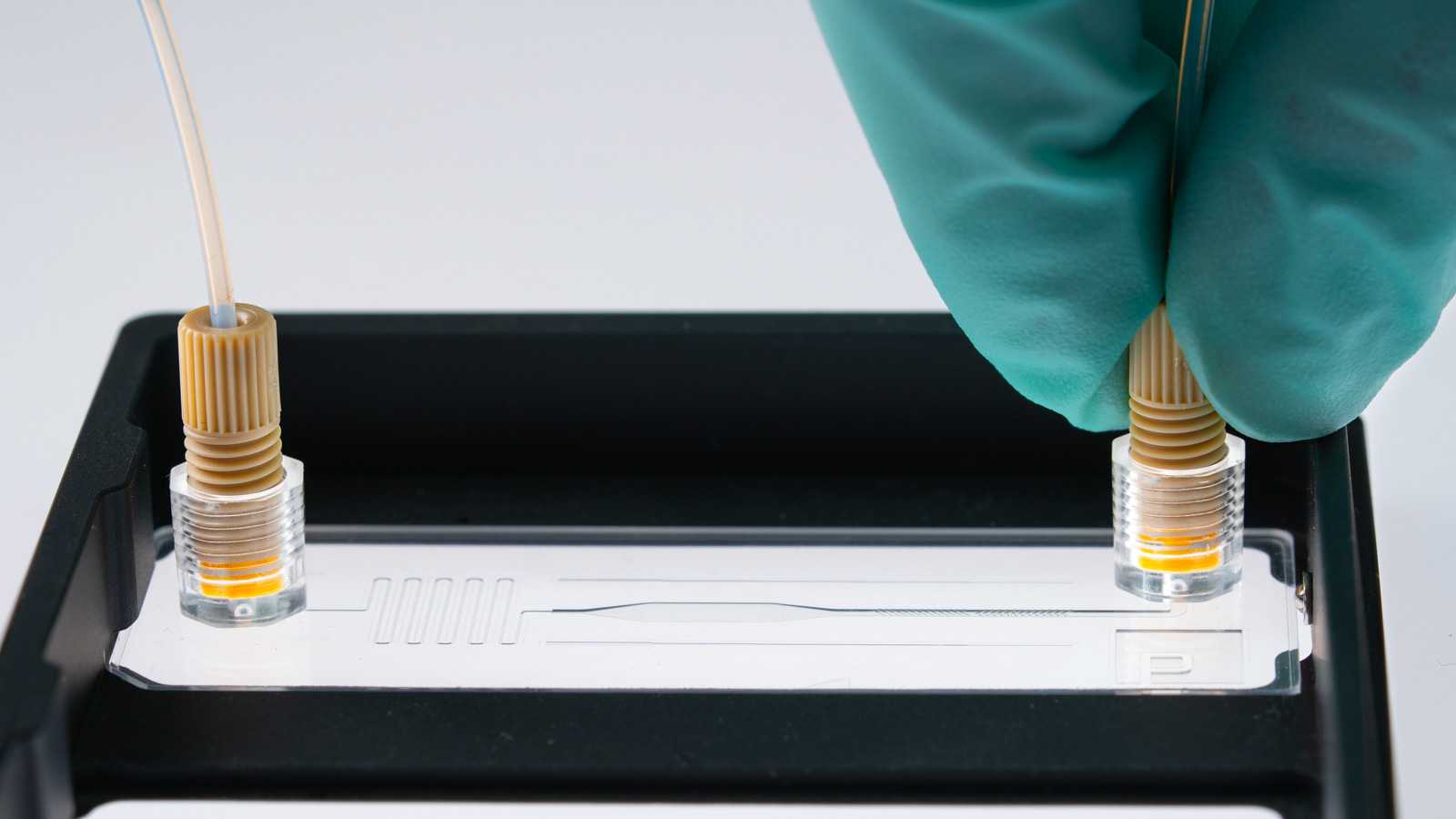 A gloved hand connecting capillary tubing to a 1/4-28 port on a slide format microfluidic device.