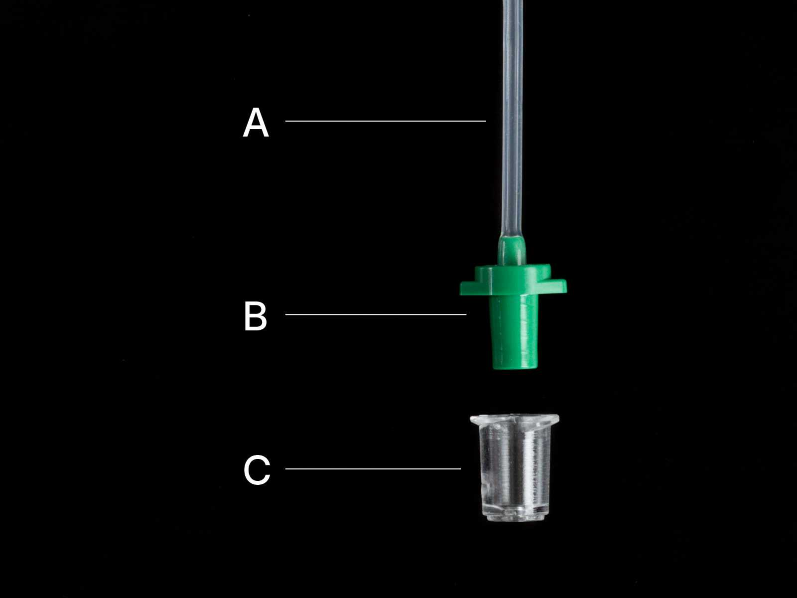 Luer slip tube interface, disassembled. From top to bottom: tubing - labelled A, the plug - labelled B, and the socket - labelled C.