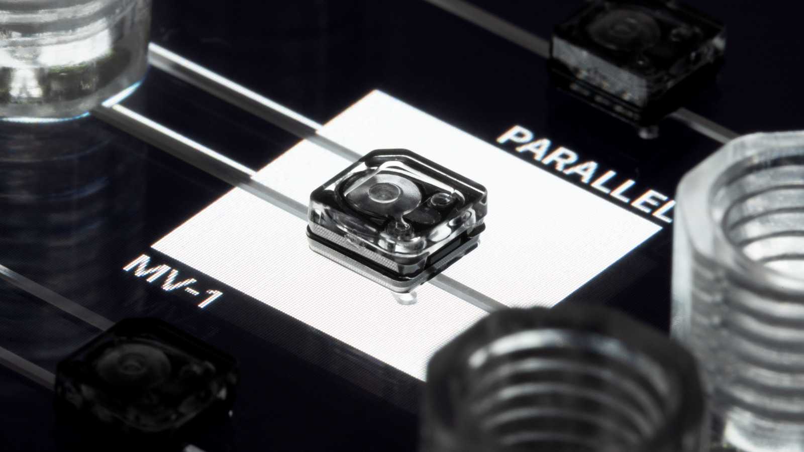 The MV-1 microvalve on a double-slide format microfluidic device, being lit from below. Its channels connect to two adjacent 1/4-28 ports.