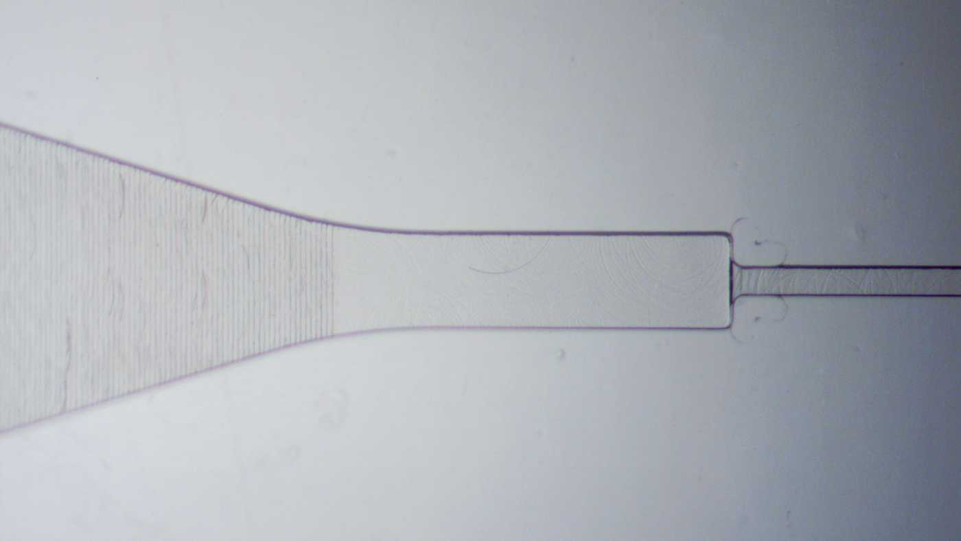 Close-up of a Transition Molded capillary valve and sloped microfluidic channel. The surfaces are smooth. All microfeatures are clearly defined.